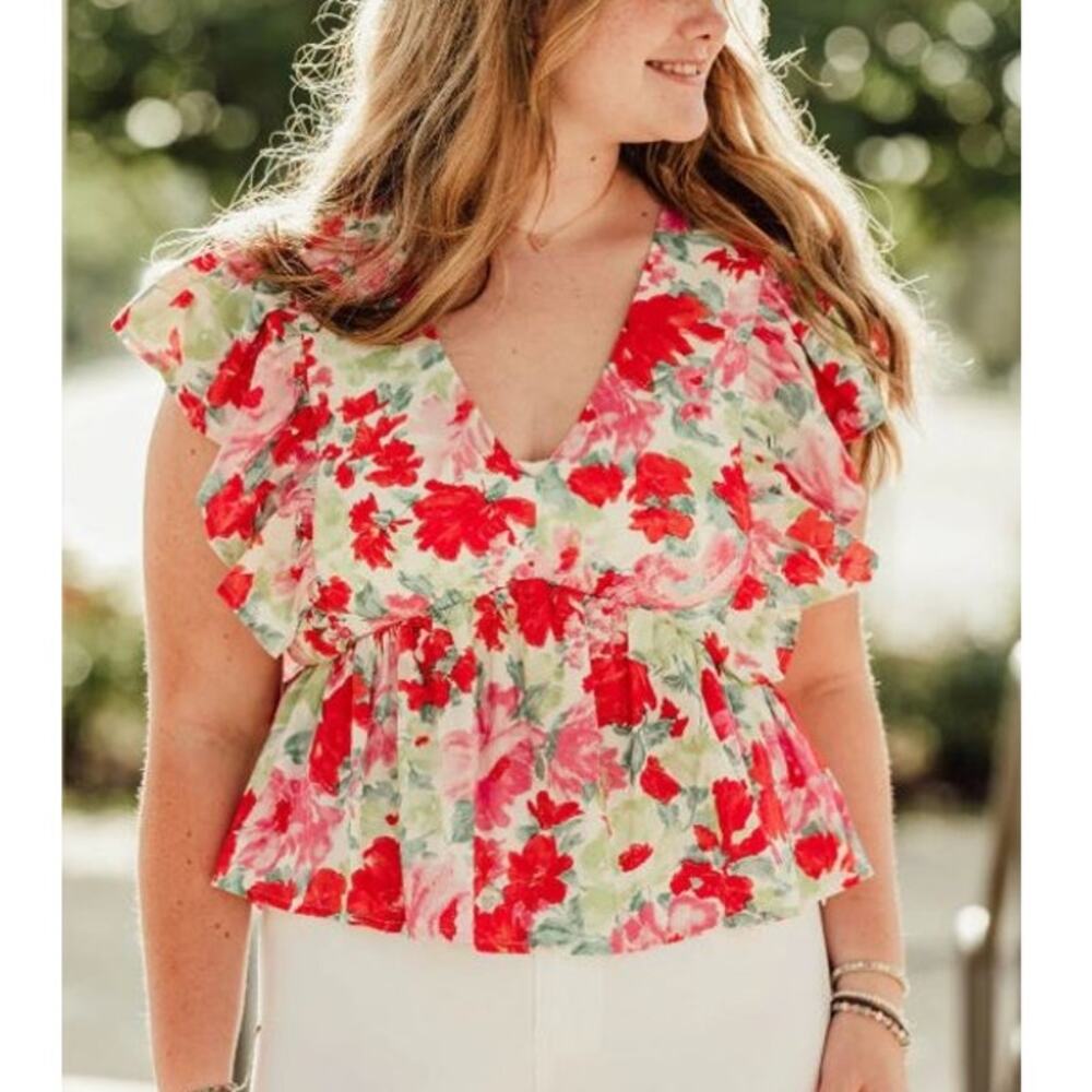 Entro 100% Cotton Ruby Floral Ruffle V-Neck Top Pink Green Womens Size Medium